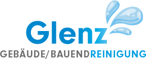 Hier sieht man ein Logo. Den Text Gebäudereinigung Glenz mit drei Wassertropfen.