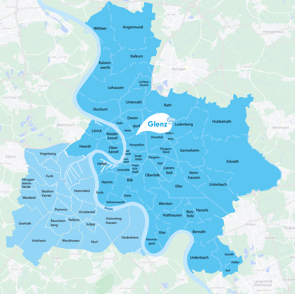 Karte von Düsseldorf und Neuss mit einem Marker auf der Roßstraße 57 in Düsseldorf